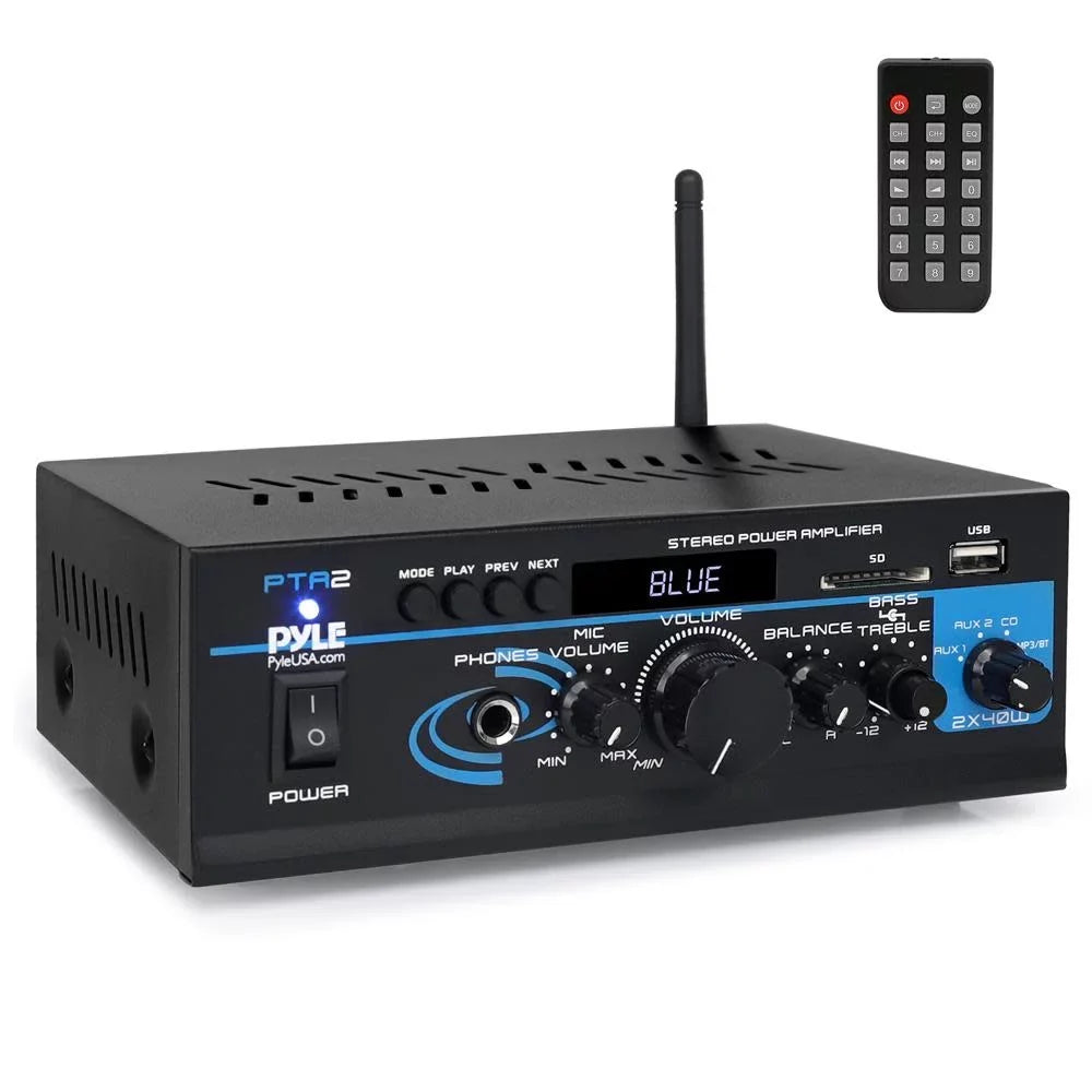 Pyle PTA2 2 x 40W Home Stereo Mini Bluetooth Power Amplifier with Remote Control