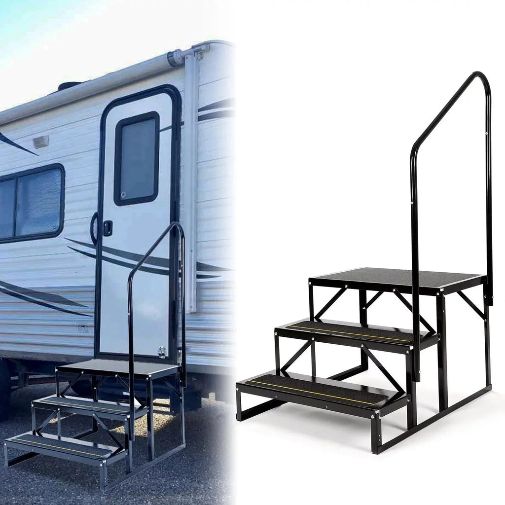 HECASA Universal 3 Steps Stairs Steel for RV Travel Trailer Camper Trailer W/ Side Load Hand-railing Armrest Hand Rail